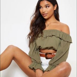 Khaki Woven Frill Bardot Long Sleeve Crop Top